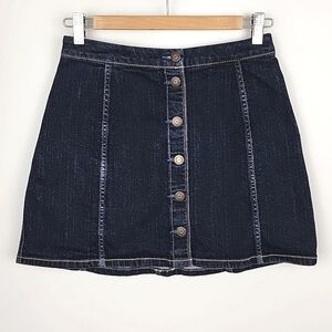 Hollister Women's Button Front Denim Mini Skirt A-Line Stretch Dark Wash Blue 3